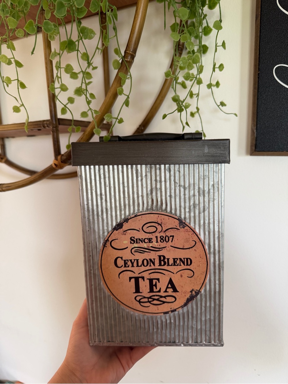 Source Unknown Metallic Silver Tea Tin with Brown Lid and Peach Label